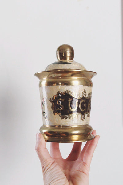 Vintage Hand-Painted Floral Brass Enamel Tea Coffee Sugar Kitchen Canisters Set of 3