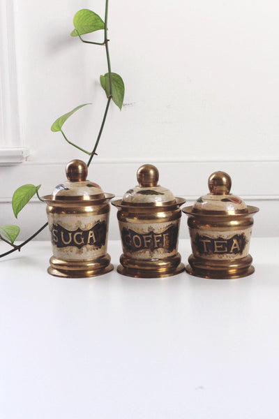 Vintage Hand-Painted Floral Brass Enamel Tea Coffee Sugar Kitchen Canisters Set of 3