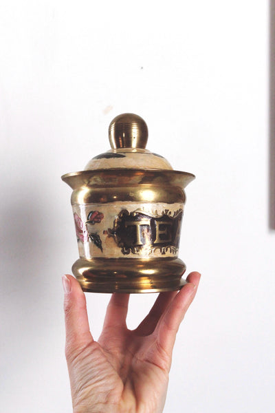 Vintage Hand-Painted Floral Brass Enamel Tea Coffee Sugar Kitchen Canisters Set of 3