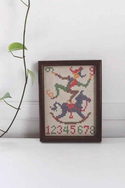 Vintage Handmade Framed Cross-Stitch Clowns Horse Numbers Childrens Wall Art
