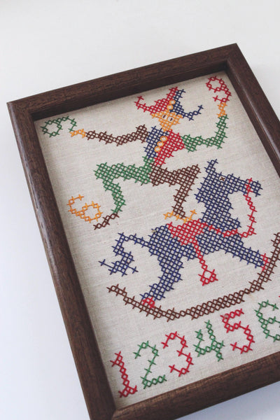 Vintage Handmade Framed Cross-Stitch Clowns Horse Numbers Childrens Wall Art