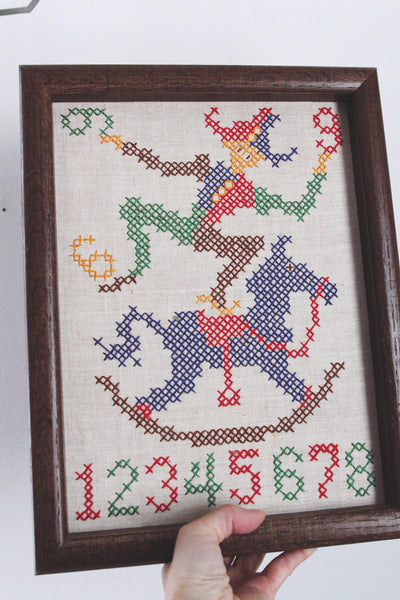 Vintage Handmade Framed Cross-Stitch Clowns Horse Numbers Childrens Wall Art