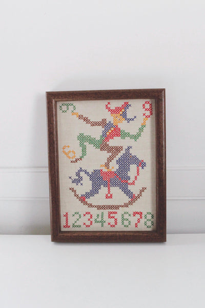 Vintage Handmade Framed Cross-Stitch Clowns Horse Numbers Childrens Wall Art