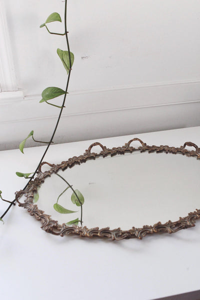 Vintage Ornate Brass Bronze Frame Oval Wall Mirror or Vanity Mirror Tray
