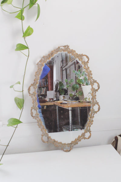 Vintage Ornate Brass Bronze Frame Oval Wall Mirror or Vanity Mirror Tray
