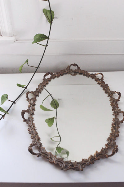 Vintage Ornate Brass Bronze Frame Oval Wall Mirror or Vanity Mirror Tray