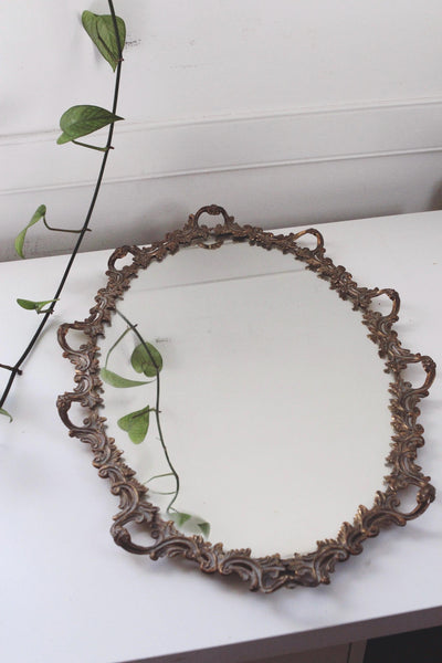 Vintage Ornate Brass Bronze Frame Oval Wall Mirror or Vanity Mirror Tray
