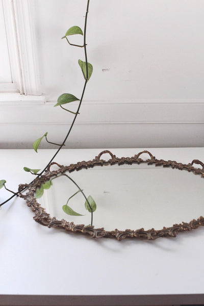 Vintage Ornate Brass Bronze Frame Oval Wall Mirror or Vanity Mirror Tray