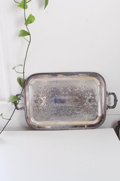 Vintage Ornate Victorian-Style Silver Plated Engraved Serving Tray Handled