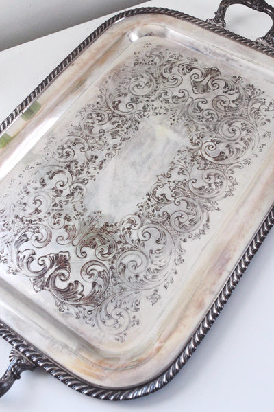 Vintage Ornate Victorian-Style Silver Plated Engraved Serving Tray Handled