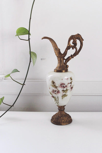 Vintage Antique Victorian Mantel Ewer Hand-Painted Glass