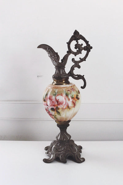 Vintage Antique Victorian Mantel Ewer Hand-Painted Glass