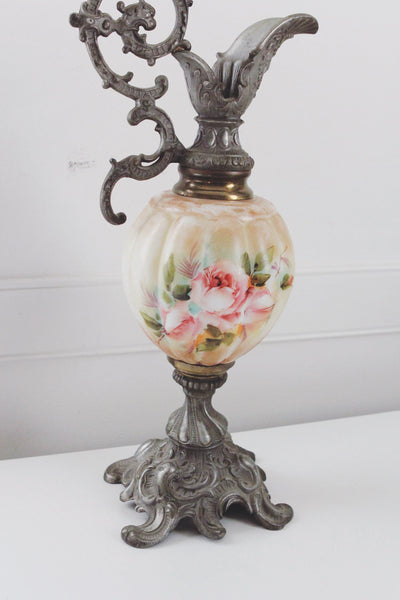 Vintage Antique Victorian Mantel Ewer Hand-Painted Glass