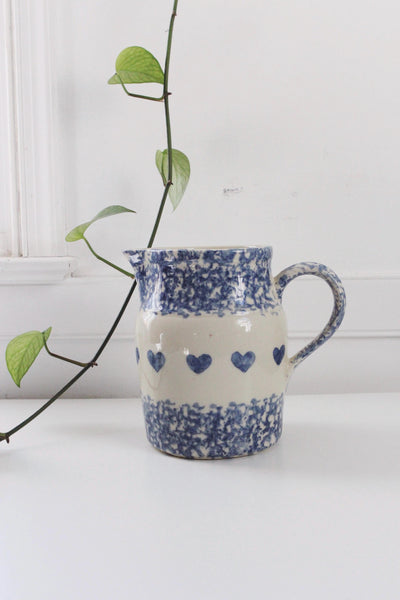 Vintage Friendship Pottery Gerald E. Henn Blue Spongeware Pitcher Heart Pattern