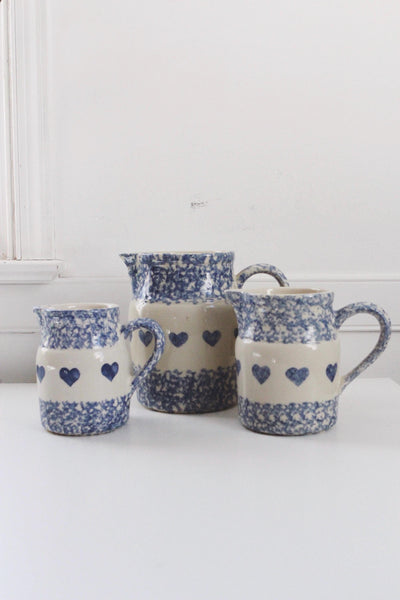 Vintage Friendship Pottery Gerald E. Henn Blue Spongeware Pitcher Heart Pattern