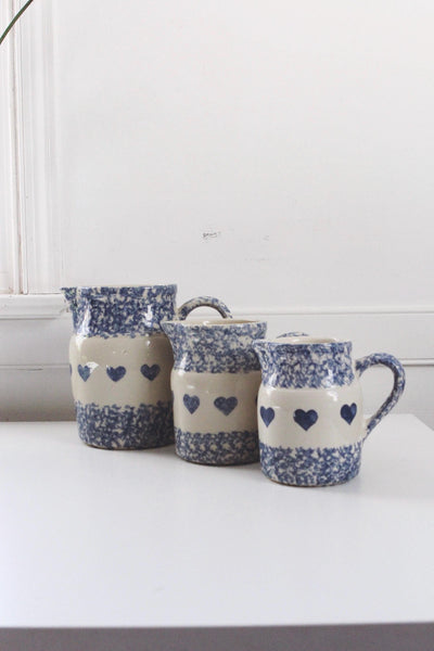 Vintage Friendship Pottery Gerald E. Henn Blue Spongeware Pitcher Heart Pattern