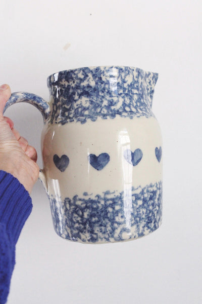 Vintage Friendship Pottery Gerald E. Henn Blue Spongeware Pitcher Heart Pattern