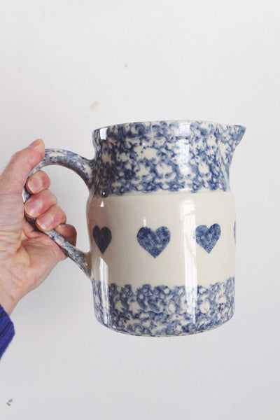 Vintage Friendship Pottery Gerald E. Henn Blue Spongeware Pitcher Heart Pattern