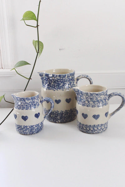 Vintage Friendship Pottery Gerald E. Henn Blue Spongeware Pitcher Heart Pattern
