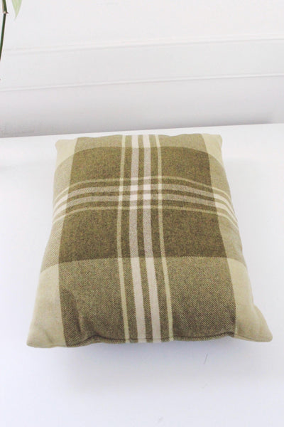 Vintage Handmade Green Plaid Wool Long Rectangle Lumbar Throw Pillow