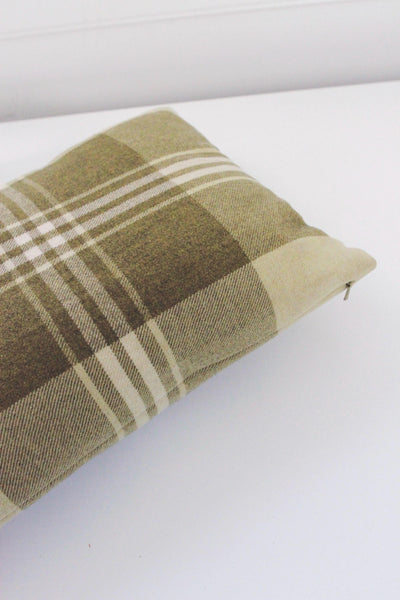 Vintage Handmade Green Plaid Wool Long Rectangle Lumbar Throw Pillow