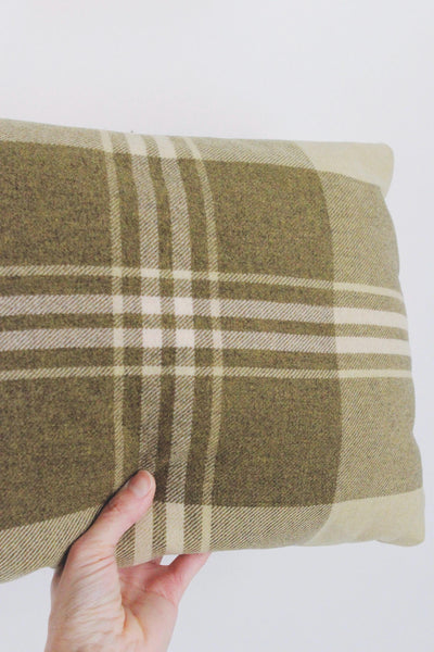 Vintage Handmade Green Plaid Wool Long Rectangle Lumbar Throw Pillow