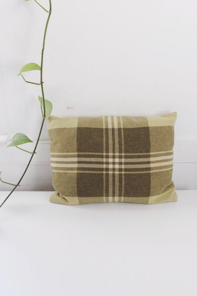 Vintage Handmade Green Plaid Wool Long Rectangle Lumbar Throw Pillow