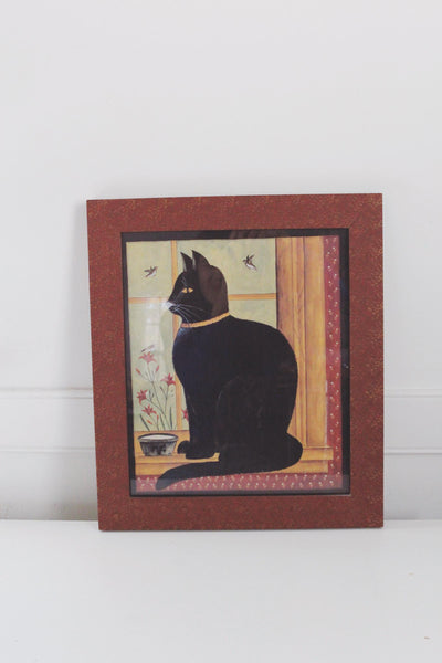 Vintage Framed Folk Art Black Cat Wall Art Print Signed and Framed by Hetherly Hale