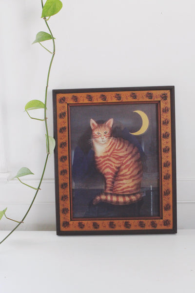 Vintage Framed Folk Art Striped Cat Moon Wall Art Print Signed and Framed by T.J. Graham