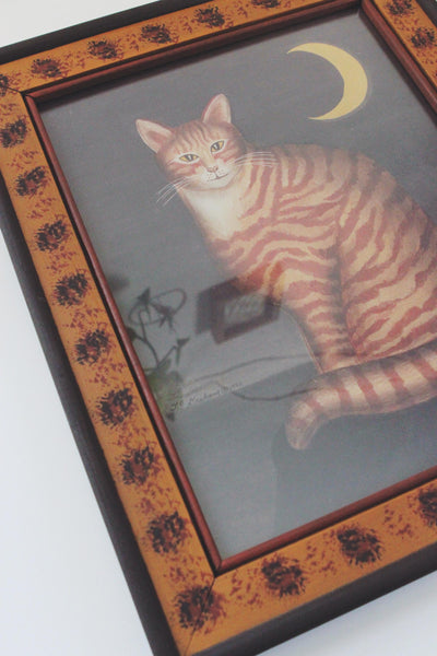 Vintage Framed Folk Art Striped Cat Moon Wall Art Print Signed and Framed by T.J. Graham