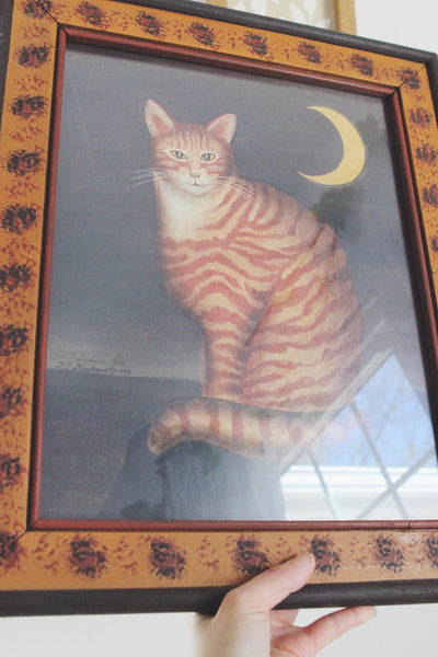 Vintage Framed Folk Art Striped Cat Moon Wall Art Print Signed and Framed by T.J. Graham