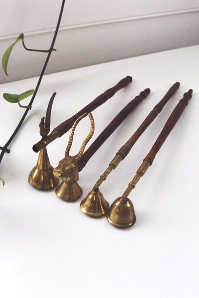 Vintage Antique Long Brass Wood Candle Snuffer Bell Rooster Antelope