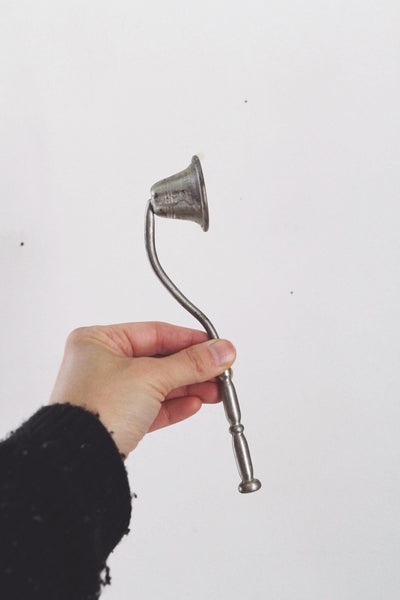 Vintage Antique Silver Iron Wood Bell Candle Snuffer