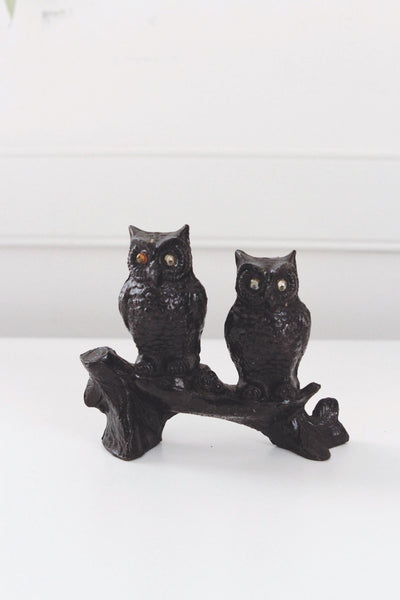 Vintage Hand-Carved Black Coal Pair Owl Figurine