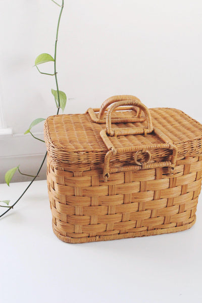 Vintage Hand Woven Rattan Wicker Picnic Basket Cottagecore