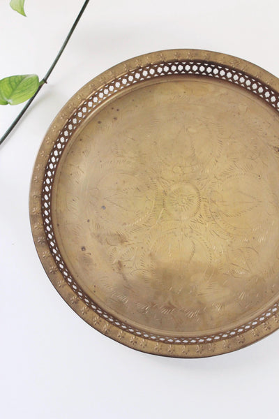 Vintage Large Etched Pierced Brass Stars Round Serving Tray