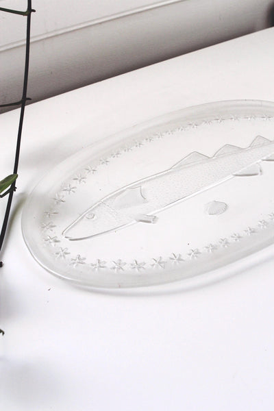 Vintage Etched Glass Fish Serving Platter Tray Dish