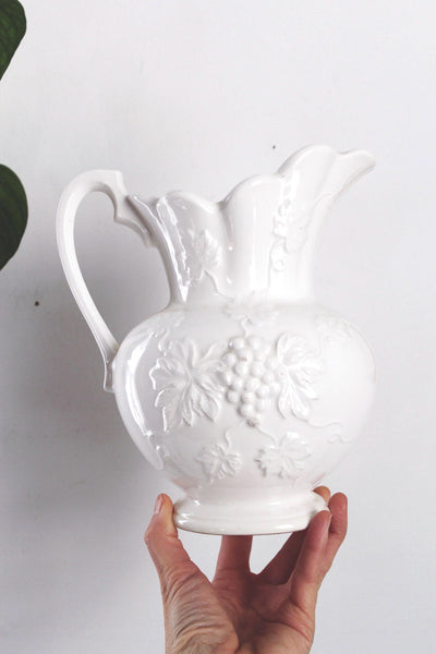 Vintage Farmhouse Grape Harvest Leaves White Ceramic Pitcher