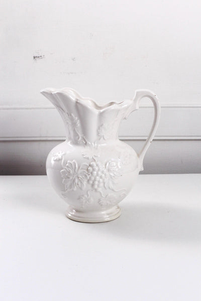Vintage Farmhouse Grape Harvest Leaves White Ceramic Pitcher
