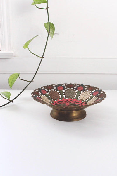 Vintage Enamel Solid Brass Bird Pedestal Tray India