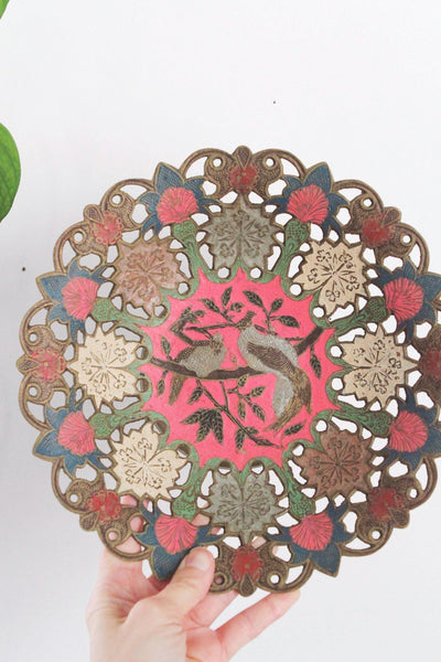 Vintage Enamel Solid Brass Bird Pedestal Tray India