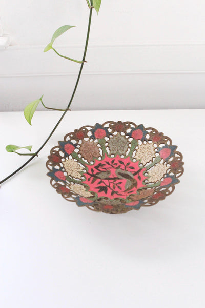 Vintage Enamel Solid Brass Bird Pedestal Tray India