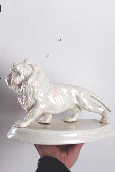 Vintage Iridescent White Porcelain Ceramic Lion Figurine Statue Hand Painted 60s