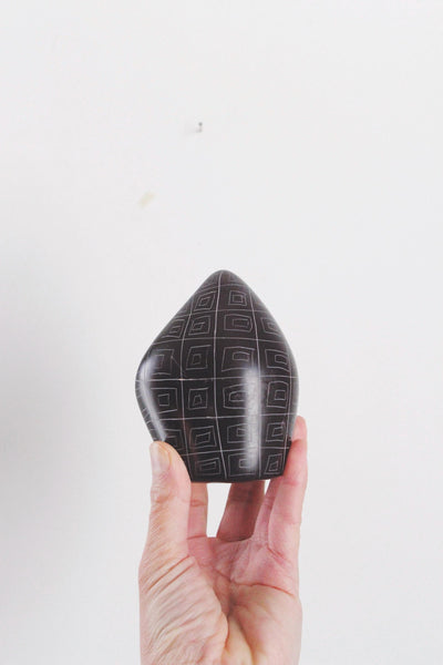 Vintage Hand-Carved Etched Black Stone Mother and Child Figurine Scupture