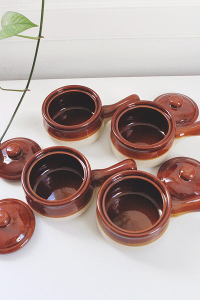 Vintage Stoneware Brown Drip Glaze Lidded French Onion Soup Crock Bowl | Sold Individually