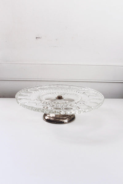 Vintage Thumbprint Pattern Clear Pressed Glass Silver Pedestal Cake Stand Lazy Susan Tray