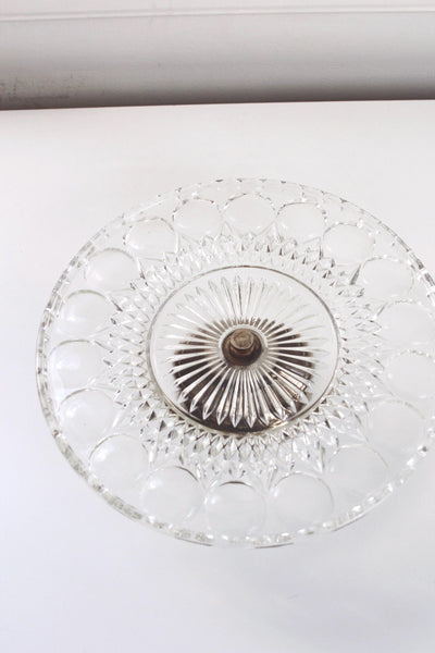 Vintage Thumbprint Pattern Clear Pressed Glass Silver Pedestal Cake Stand Lazy Susan Tray