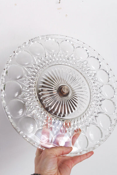 Vintage Thumbprint Pattern Clear Pressed Glass Silver Pedestal Cake Stand Lazy Susan Tray