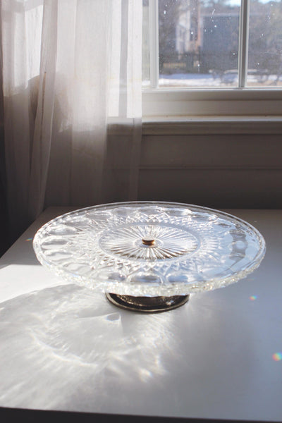 Vintage Thumbprint Pattern Clear Pressed Glass Silver Pedestal Cake Stand Lazy Susan Tray