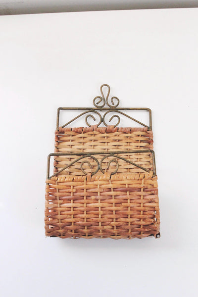 Vintage Wrought Iron Woven Wicker Wall-Mounted Rack Letter Mail Organizer